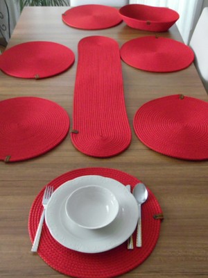 Kırmızı 6 Kişilik 8 Parça Amerikan Servis, Hasır Supla Takımı, Tabak Altlığı, Runner,Sepet
