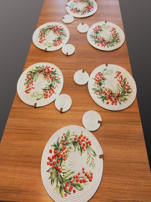 Gri 6 Kişilik 12 Parça Amerikan Servis, Hasır Supla Takımı, Tabak ve Bardak Altlığı Seti,baskılı,