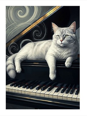 Tablomega Piyanodaki Beyaz Kedi Desenli Ahşap Tablo 25cmx 35cm