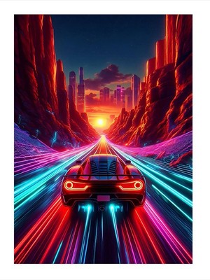 Tablomega Neon Işıklar Altında Yarış Arabası Art Mdf Poster 25cmx 35cm