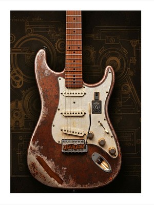 Tablomega Eski Elektro Gitar Ahşap Tablo 25cmx 35cm