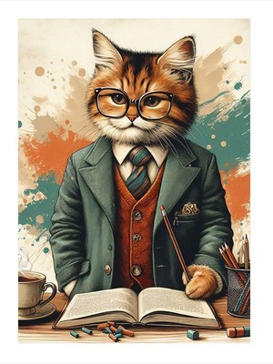 Tablomega Gözlüklü Profesör Kedi Dekoratif Mdf Tablo 18cm X 27cm