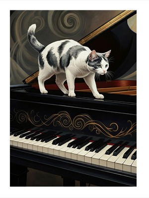 Tablomega Piyanodaki Kedi Modern Ahşap Tablo 25cmx 35cm