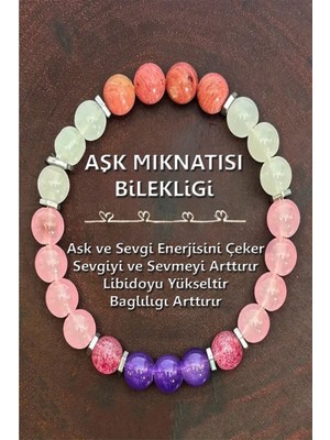NehirTaş Sertifikalı   Doğal Taş Aşk ve Çekim Bilekliği 8 mm ( Ametist - Çilek Kuvars - Pembe Kuvars -Ay Taşı - Rodonit )