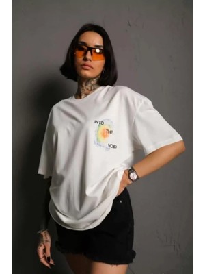 Unisex Bisiklet Yaka Baskılı Oversize T-Shirt - Beyaz