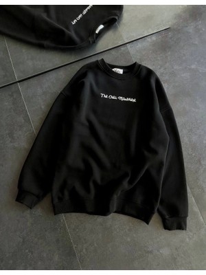 Üç Iplik Penye Bisiklet Yaka Baskılı Sweatshirt - Siyah