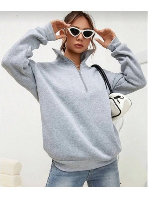 Unisex Uzun Kol Yarım Farmuarlı Yakalı Basic Sweatshirt - Gri