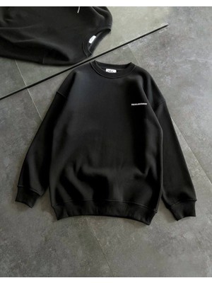 Kışlık Bisiklet Yaka Oversize Baskılı Sweatshirt - Siyah