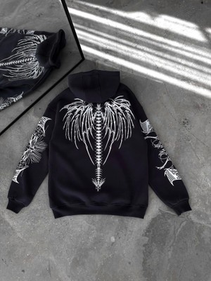 Üç Iplik Kapşonlu Baskılı Oversize Sweatshirt- Siyah