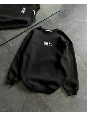 Bisiklet Yaka Üç Iplik Baskılı Oversize Sweatshirt - Siyah