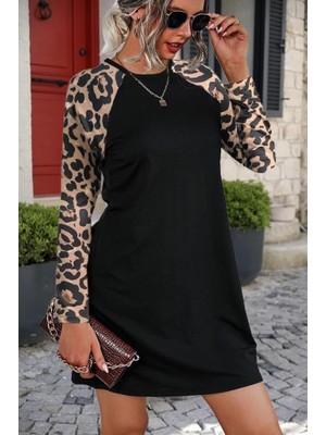 Passense Kadın Uzun Kollu Bisiklet Yaka Kollar Leopar Detay Krep Mini Boy Elbise