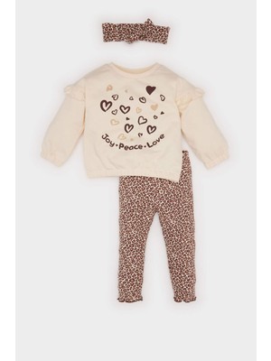 DeFacto Kız Bebek 3'lü Takım Baskılı Bisiklet Yaka Sweatshirt Leopar Desenli Tayt D5148A524WN