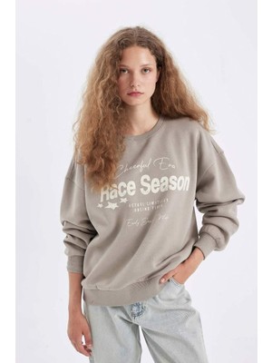 DeFacto Loose  Fit Bisiklet Yaka Baskılı Kalın Sweatshirt Taş