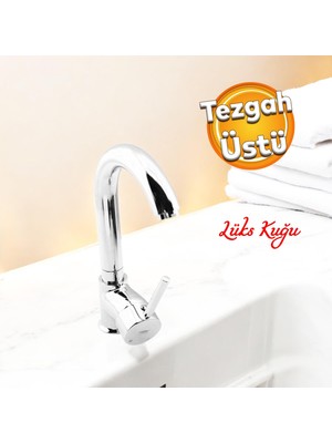 Badem10 Lüks Kuğu Batarya Duş Bulaşık Musluğu Lavabo Banyo Mutfak Bataryası Mermer Üstü Çift Su Girişli