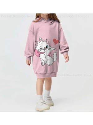 Kids Face Özel Tasarım Kapüşonlu Beyaz Kedicik Baskılı Şardonlu Kışlık Kız Çocuk Hoodie Elbise