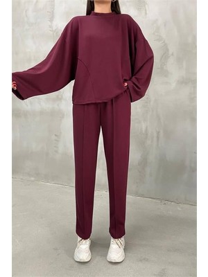 Dip Moda Kadın Bordo Oversize Alt Üst Eşofman Takımı DPNBDM002