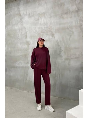 Dip Moda Kadın Bordo Oversize Alt Üst Eşofman Takımı DPNBDM002