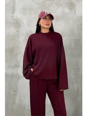 Dip Moda Kadın Bordo Oversize Alt Üst Eşofman Takımı DPNBDM002