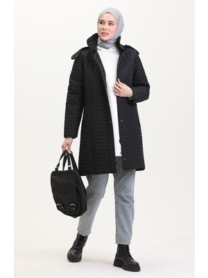 Büyük Beden Kapüşonlu Kapitone Mont 6132-01 Siyah
