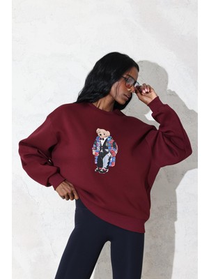 Bordo Ayıcık Baskılı Sweatshirt 110031