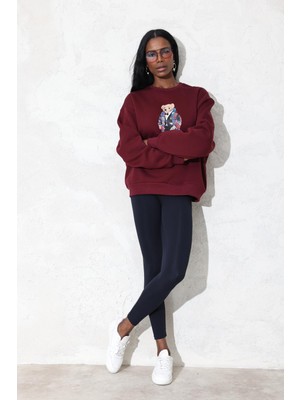 Bordo Ayıcık Baskılı Sweatshirt 110031