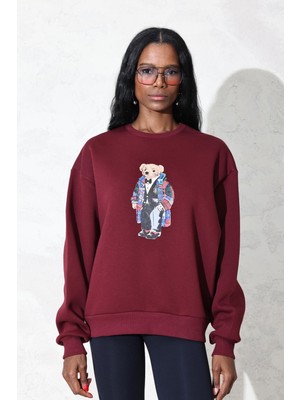 Bordo Ayıcık Baskılı Sweatshirt 110031