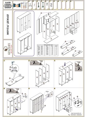 Kenzlife Gardırop 6 Kapaklı Kapılı 2 Çekmeceli Glayör 168*150*42 Byz Ayaklı Gardolap Dolap