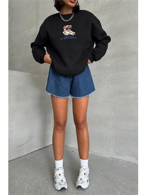 Dipmoda kadın siyah içi pamuklu nakış detaylı sweat DPG035