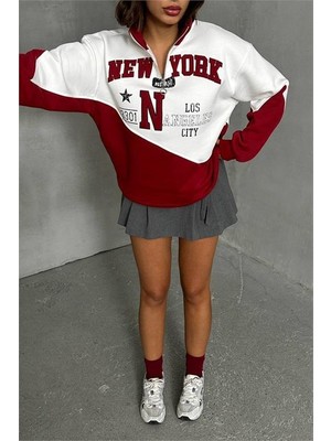 Dipmoda kadın bordo fermuarlı New york sweat DPG050
