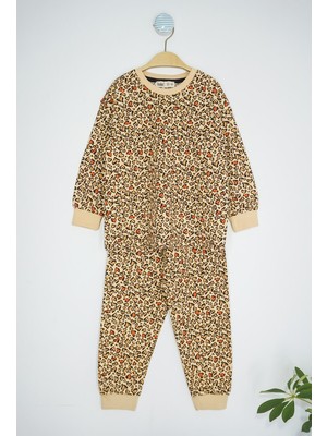 Bunny Hopp Kız Çocuk  Pamuklu Leopar Kalp Desenli Kahverengi Uzun Kollu  Pijama Takımı