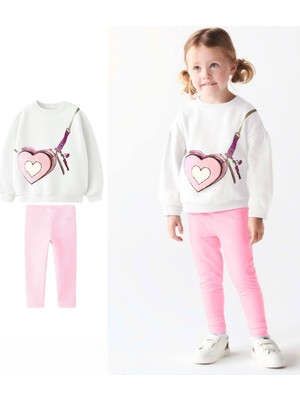 Yeni Sezon Süzene Kalp Nakış Işlemeli Esnek Lastik Belli Çantalı Görünümlü 3 Iplik Sweatshirt Tayt Alt Üst Takım