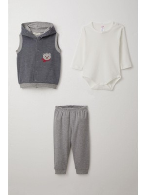 Breeze Erkek Bebek Zıbınlı 3 Lü Takım Sevimli Ayıcık Nakışlı Kapüşonlu 4 Ay-1 Yaş, Lacivert