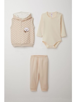 Breeze Erkek Bebek Zıbınlı 3 Lü Takım Sevimli Ayıcık Nakışlı Kapüşonlu 4 Ay-1 Yaş Bej