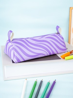 OneSize Kalem Kutusu Pastel Lila Zebra Üçgen Tasarım Vegan Deri (Kalemlik ve Makyaj Çantası)