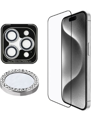 Guess iPhone 16 Pro Max Uyumlu Guess Lisanslı Rhinestone Ekran ve Lens Koruyucu 2in1 Aksesuar Seti Gümüş