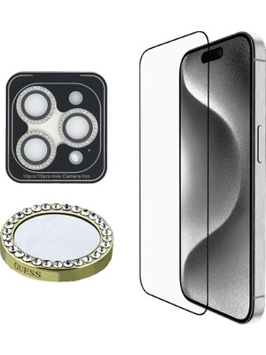 Guess iPhone 16 Pro Uyumlu Guess Lisanslı Rhinestone Ekran ve Lens Koruyucu 2in1 Aksesuar Seti Gold