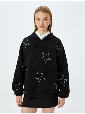 Koton Kapüşonlu Taşlı Yıldız Baskılı Uzun Kollu Oversize Sweatshirt