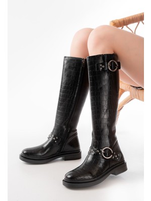 Budi Home 2024-3004 Siyah Kroko Toka Aksesuarlı Lastikli Fermuarlı Günlük Kadın Çizme