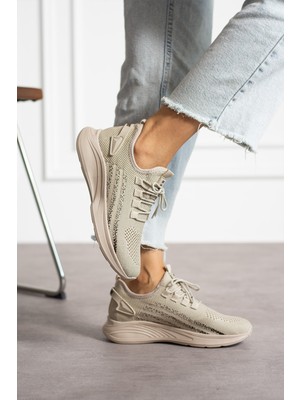 EN7 Bej Unisex Yıkanabilir Hava Alabilen Triko Spor Ayakkabı Sneaker Düz Taban Rahat Kullanım