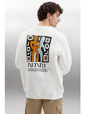 Falk Erkek Yuvarlak Yakalı Sanat Baskılı Içi Polarlı Ekru Sweatshirt