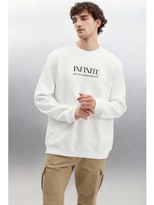 Falk Erkek Yuvarlak Yakalı Sanat Baskılı Içi Polarlı Ekru Sweatshirt