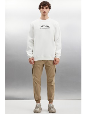 Falk Erkek Yuvarlak Yakalı Sanat Baskılı Içi Polarlı Ekru Sweatshirt