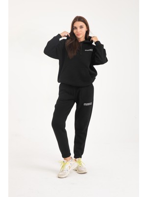 Baskılı Kapüşonlu Şardonlu Oversize Eşofman Takım