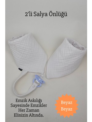 2'li %100 Pamuk 8 Katlı Müslin Emzik Askılıklı Kız Erkek Bebek Salya ve Mama Önlüğü *beyaz