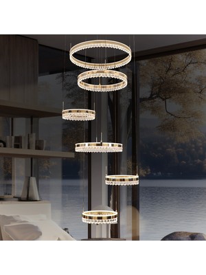 Apliqa Canel Gold 6 Katlı 485 Watt Kristal Taşlı Modern LED Sarkıt  LED Avize
