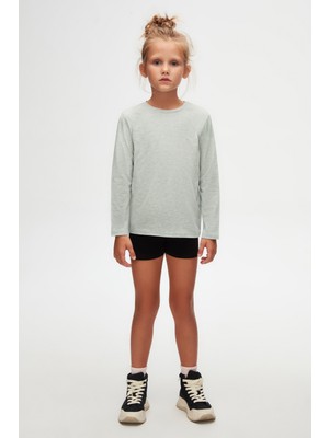 Açık Yeşil Melanj Basic Unisex Çocuk Mevsimlik Sıfır Yaka Uzun Kollu Tişört