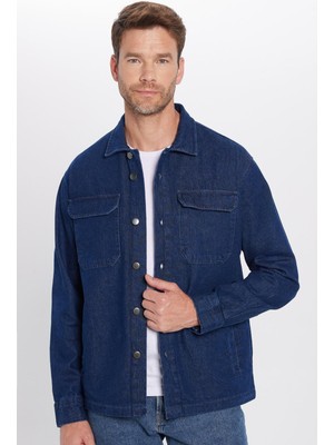 Tudors Unisex Relax Fit Rahat Kesim Denim Kot Kapaklı Çift Cepli Lacivert Overshirt Ceket Tarzı Gömlek