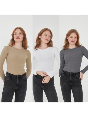 Wearflawless Kadın 3'lü Bisiklet Yaka Uzun Kollu Fitilli Bluz Set