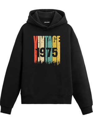 Colermi Vintage Era 1975 Yaş Doğum Günü Hediyesi Kapşonlu Vintage Tasarım Yaş Günü Hediyesi Erkek Siyah Sweatshirt Kadın Siyah Hoodie