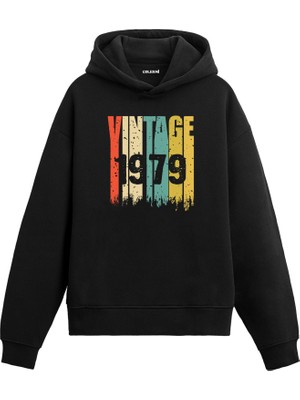 Colermi Vintage Era 1979 Yaş Doğum Günü Hediyesi Kapşonlu Vintage Tasarım Yaş Günü Hediyesi Erkek Siyah Sweatshirt Kadın Siyah Hoodie